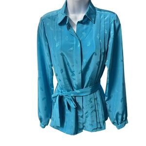 Vintage Feather Print Blouse with Belt Long Sleeve Button Up Top Medium‎